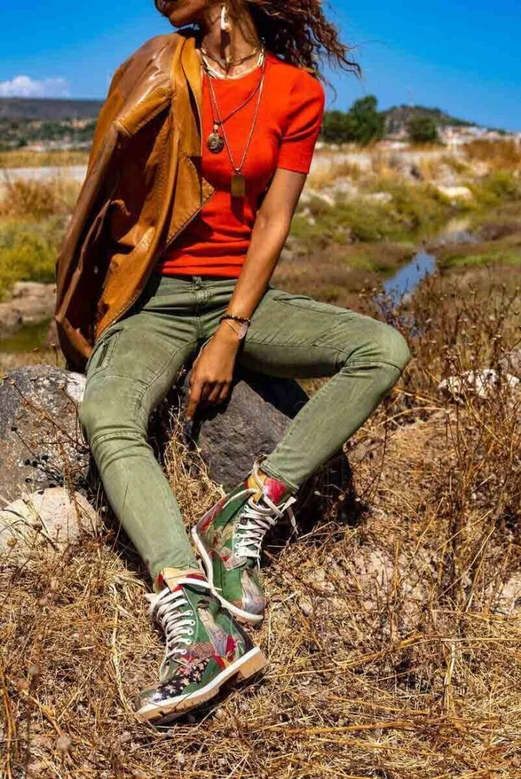 Femme Cuir Vegan Vert Bottes Longues - Mornings in Tokyo Motif