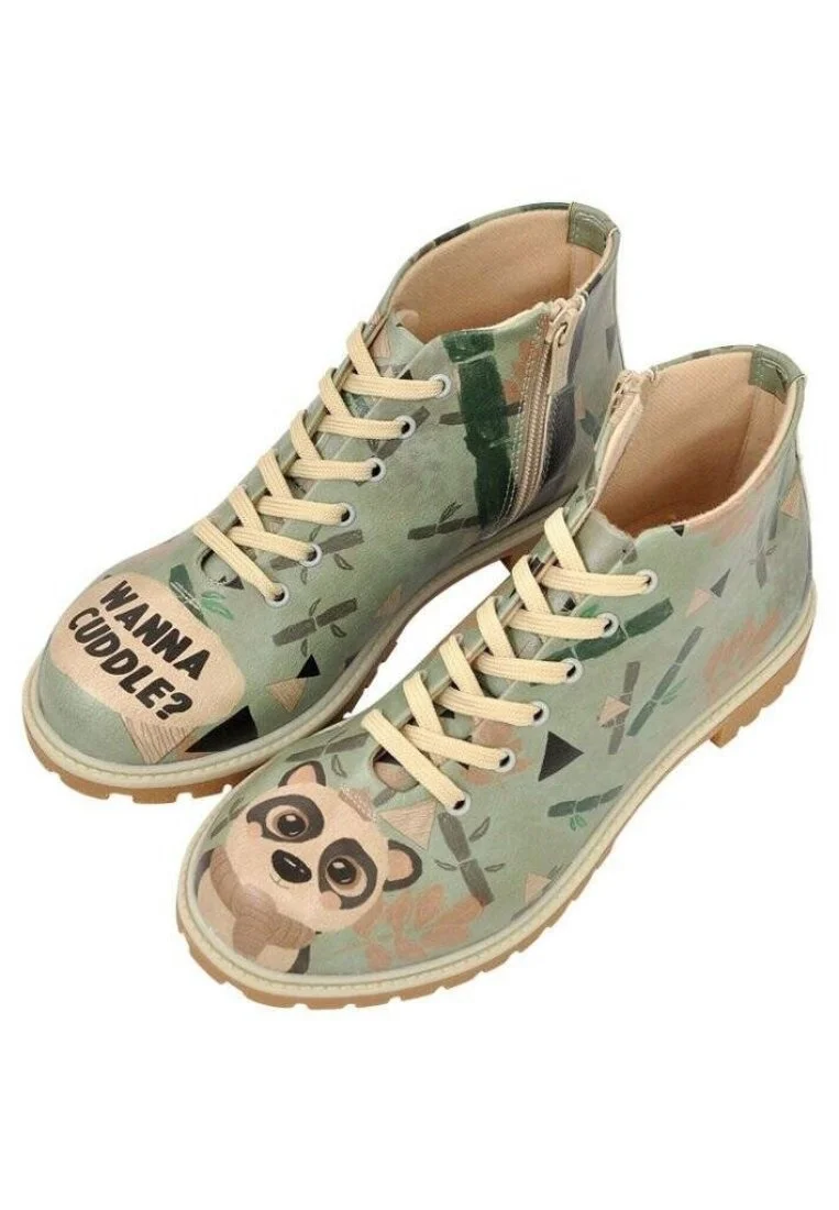 Femme Cuir Vegan Vert Bottines Zippées - Wanna Cuddle Motif