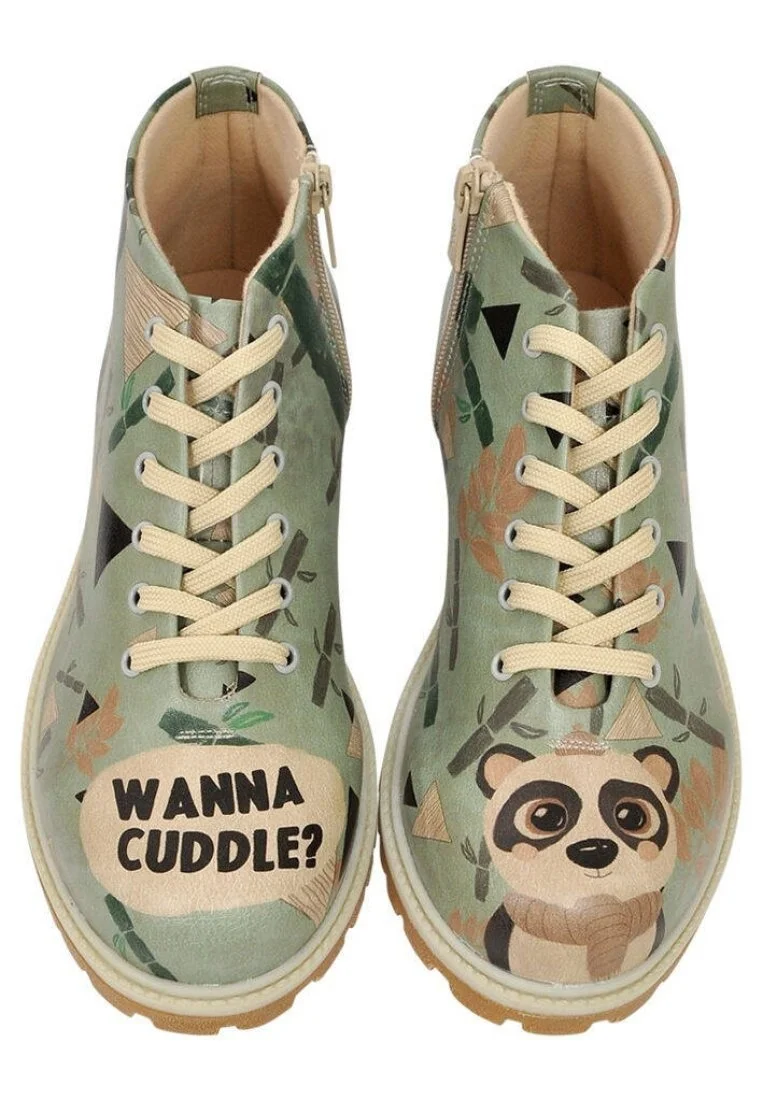 Femme Cuir Vegan Vert Bottines Zippées - Wanna Cuddle Motif