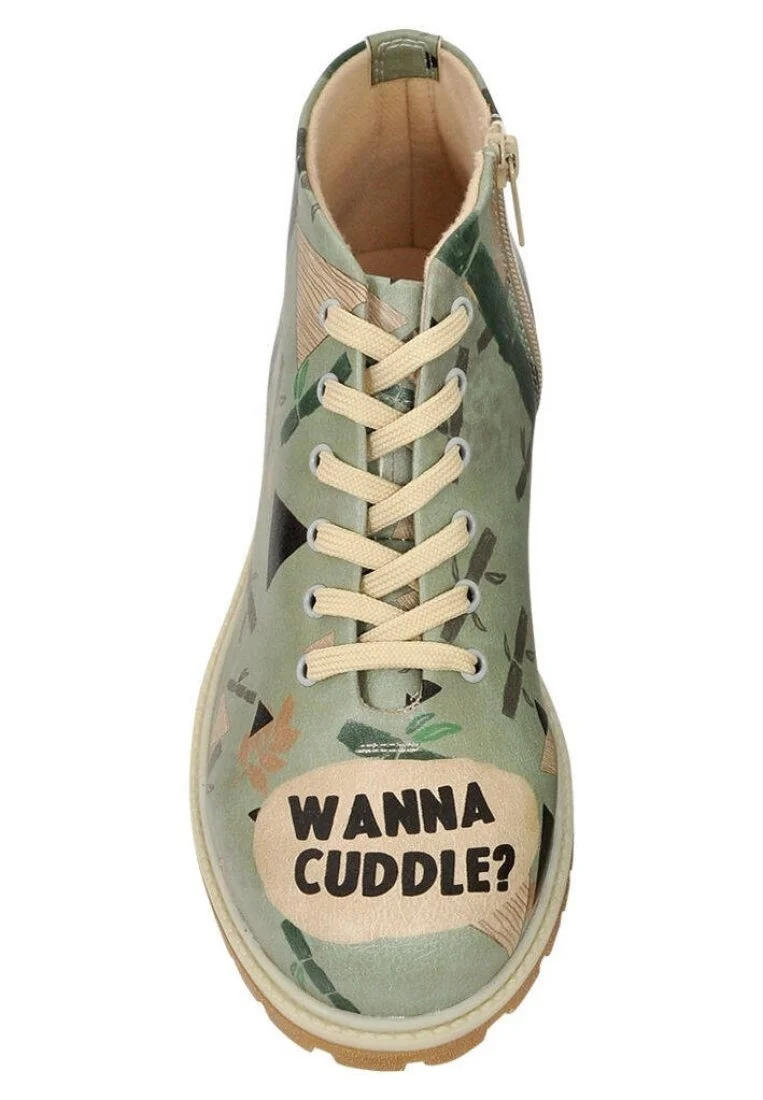 Femme Cuir Vegan Vert Bottines Zippées - Wanna Cuddle Motif