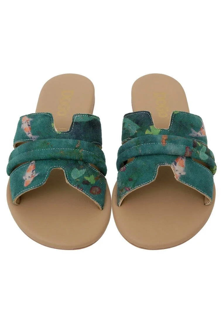 Femme Cuir Vegan Vert Chaussons - Koi Motif