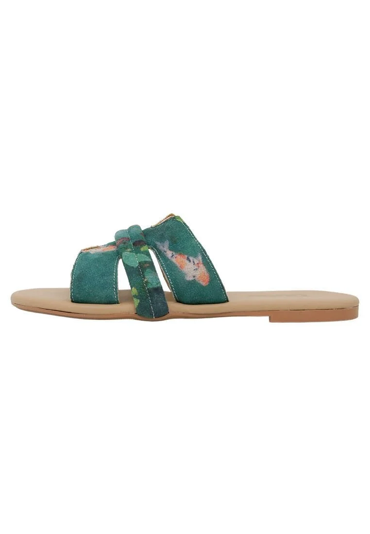 Femme Cuir Vegan Vert Chaussons - Koi Motif