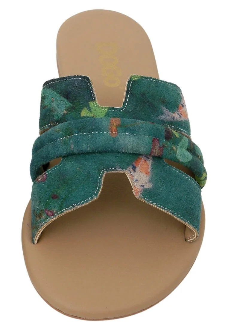Femme Cuir Vegan Vert Chaussons - Koi Motif