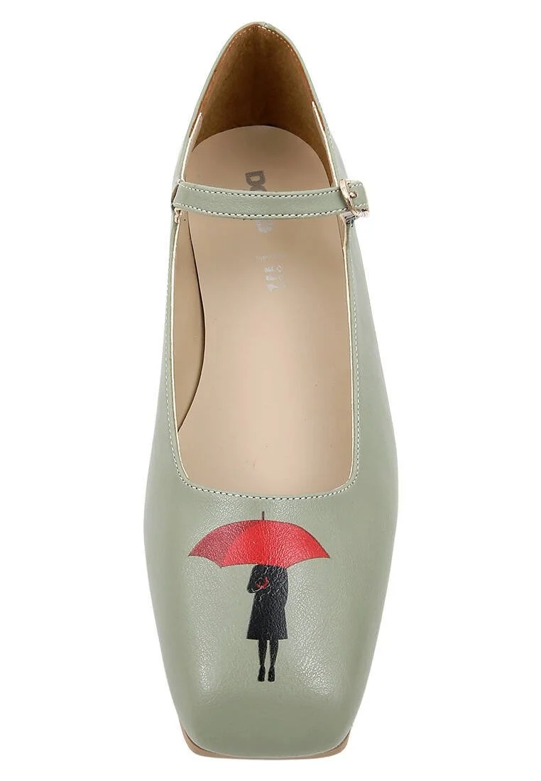 Femme Cuir Vegan Vert Chaussures Plates - Under My Umbrella Motif