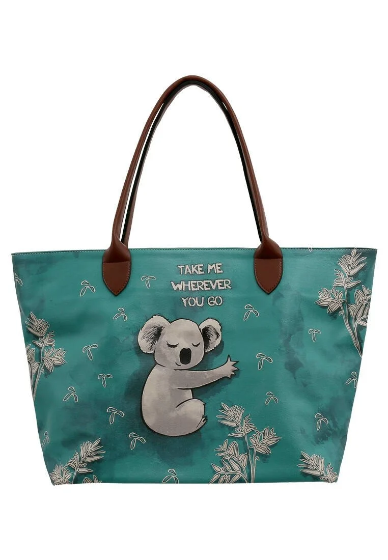 Femme Cuir Vegan Vert Sac d'épaule - Koala Hug Motif