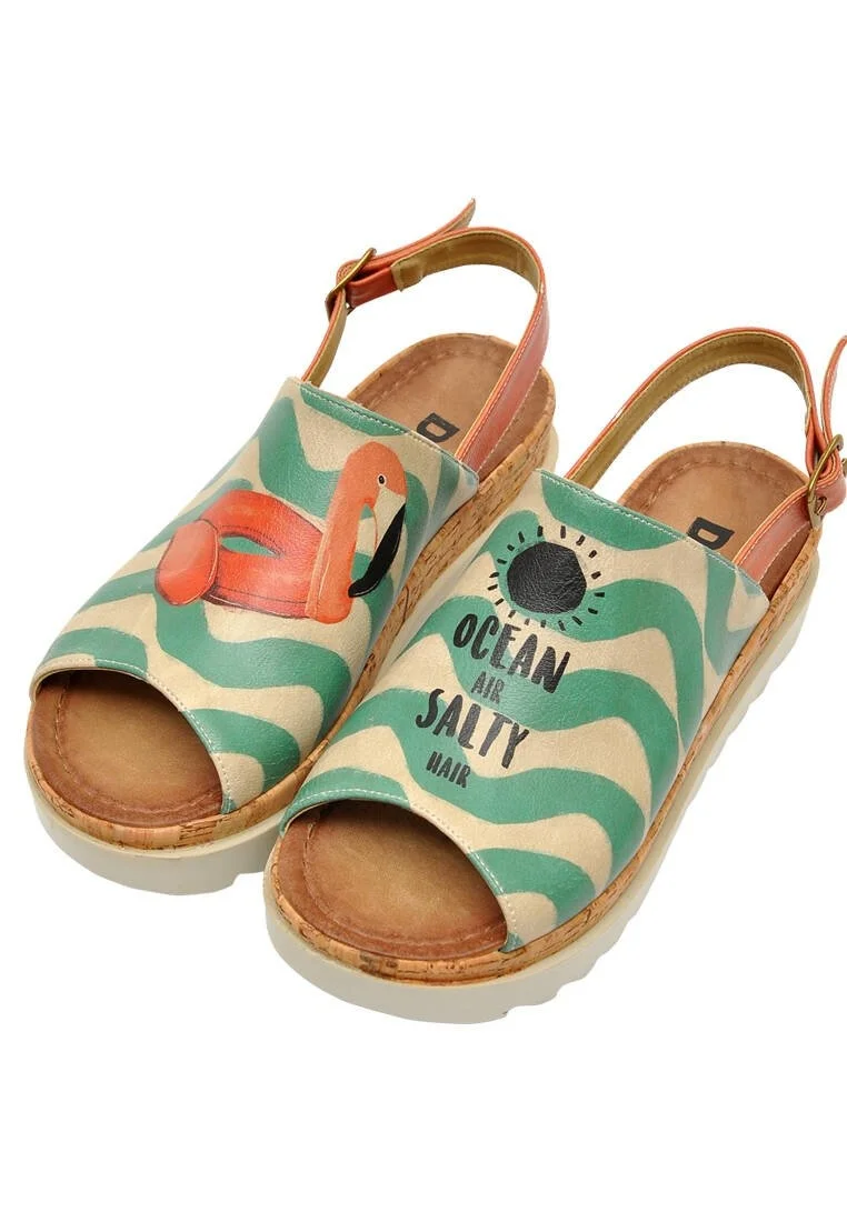 Femme Cuir Vegan Vert Sandales compensées - Summer Air Motif