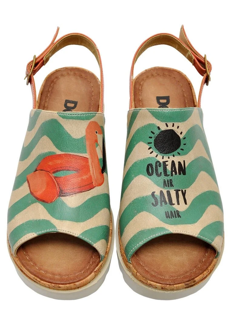 Femme Cuir Vegan Vert Sandales compensées - Summer Air Motif