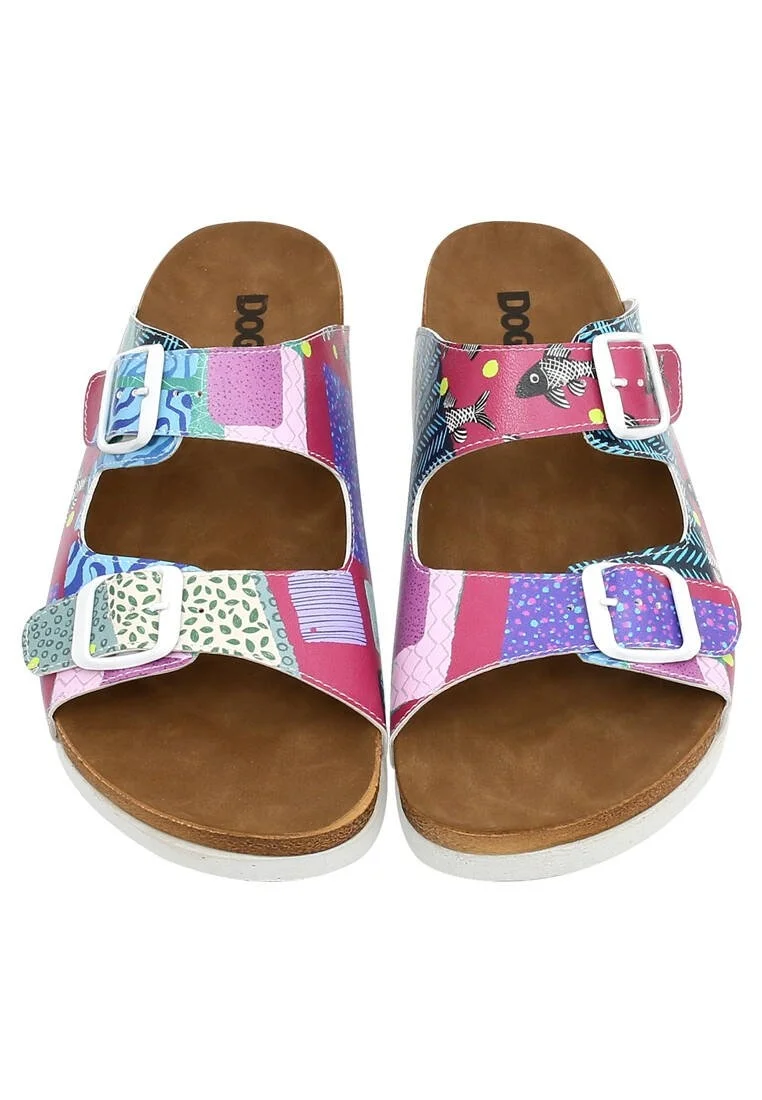 Femme Cuir Vegan Violet Sandales - Patch Fish Motif