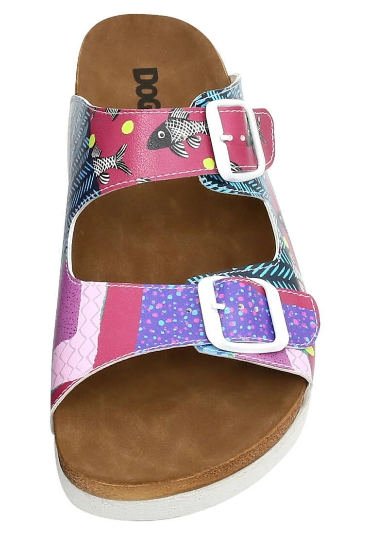 Femme Cuir Vegan Violet Sandales - Patch Fish Motif