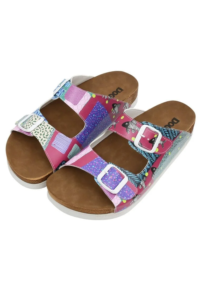 Femme Cuir Vegan Violet Sandales - Patch Fish Motif