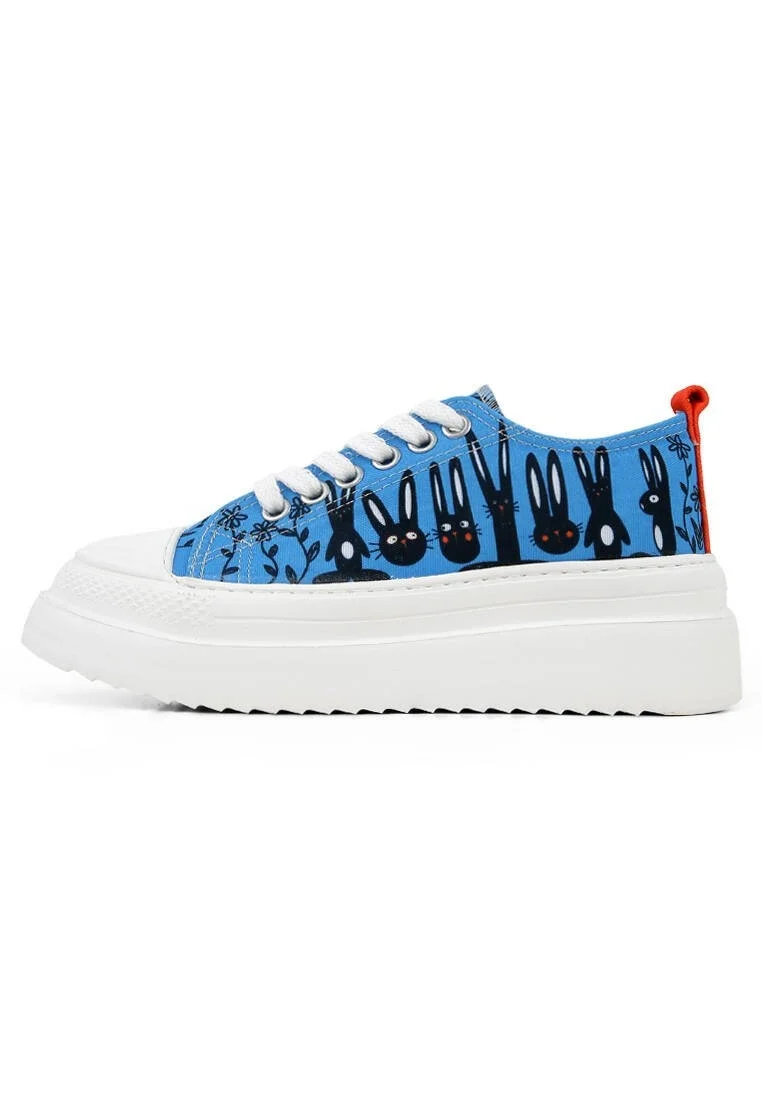 Femme Vegan Bleu Baskets à Plateforme - Line of Rabbits Motif