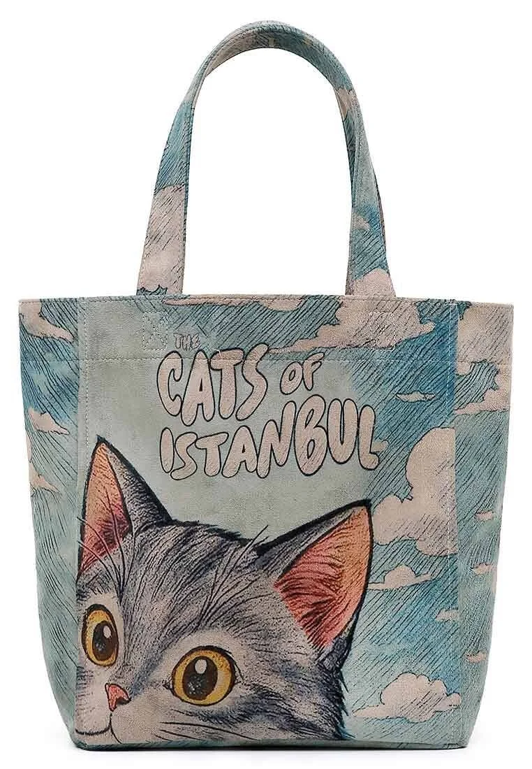 Femme Vegan Bleu Large Tote Bag - Galata Cat Motif
