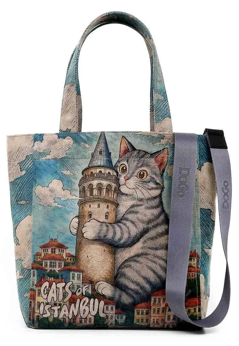 Femme Vegan Bleu Large Tote Bag - Galata Cat Motif