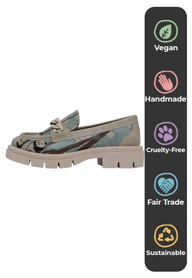 Femme Cuir Vegan Turquoise Mocassins - Panda Hug Motif