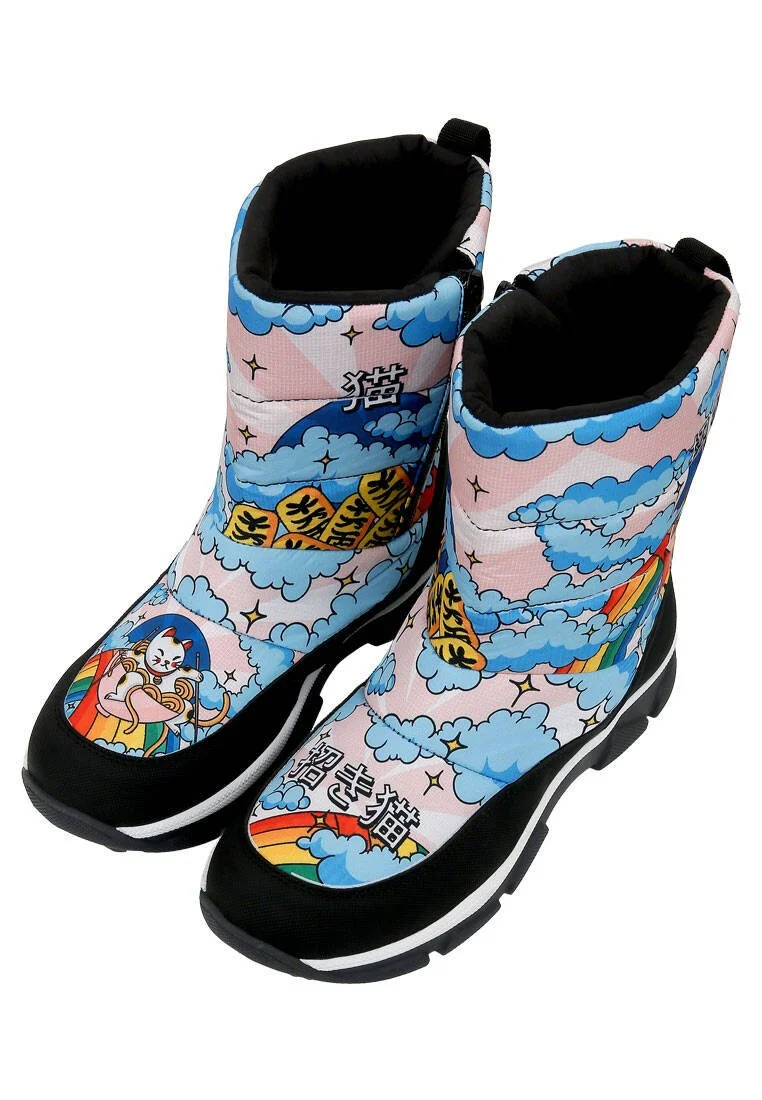 Femme Vegan Multicolore Bottes de Neige - The Lucky Cat Motif