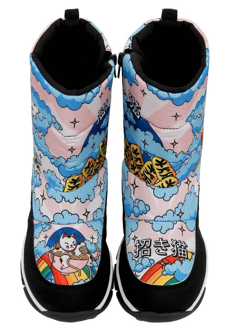 Femme Vegan Multicolore Bottes de Neige - The Lucky Cat Motif