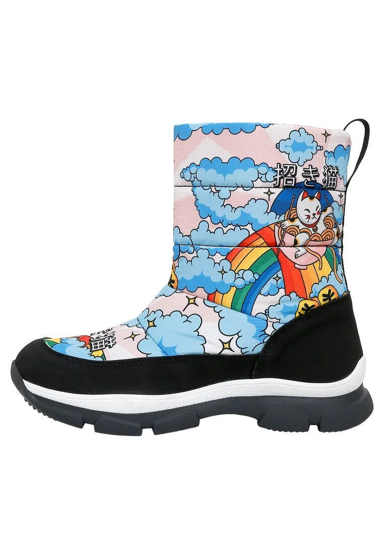 Femme Vegan Multicolore Bottes de Neige - The Lucky Cat Motif