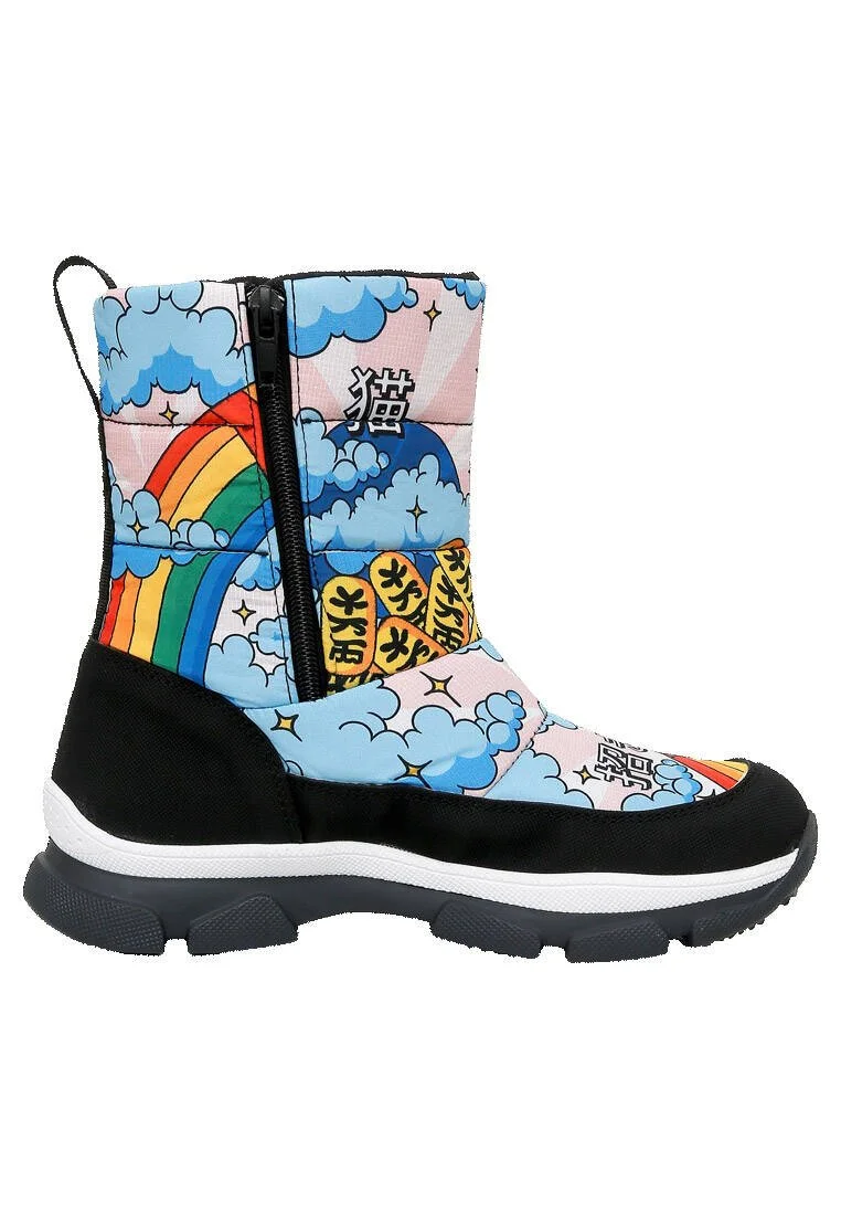 Femme Vegan Multicolore Bottes de Neige - The Lucky Cat Motif
