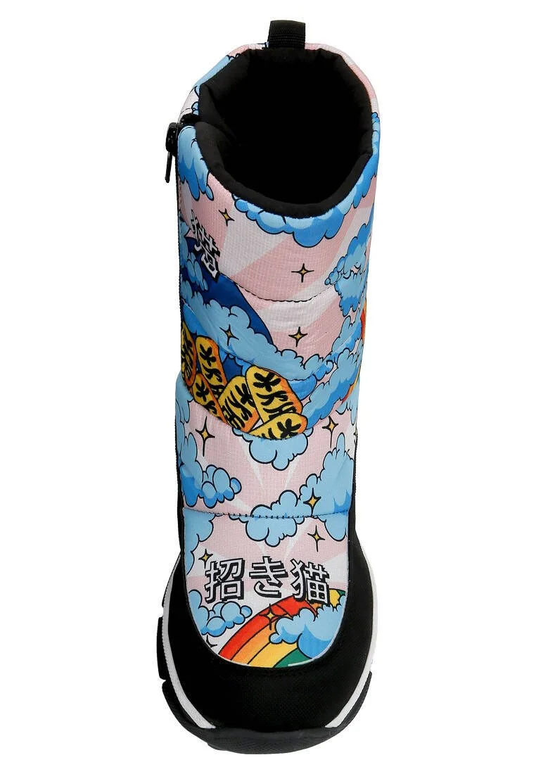 Femme Vegan Multicolore Bottes de Neige - The Lucky Cat Motif