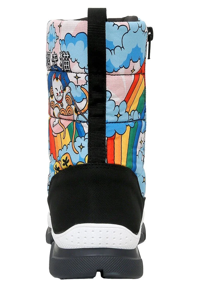 Femme Vegan Multicolore Bottes de Neige - The Lucky Cat Motif