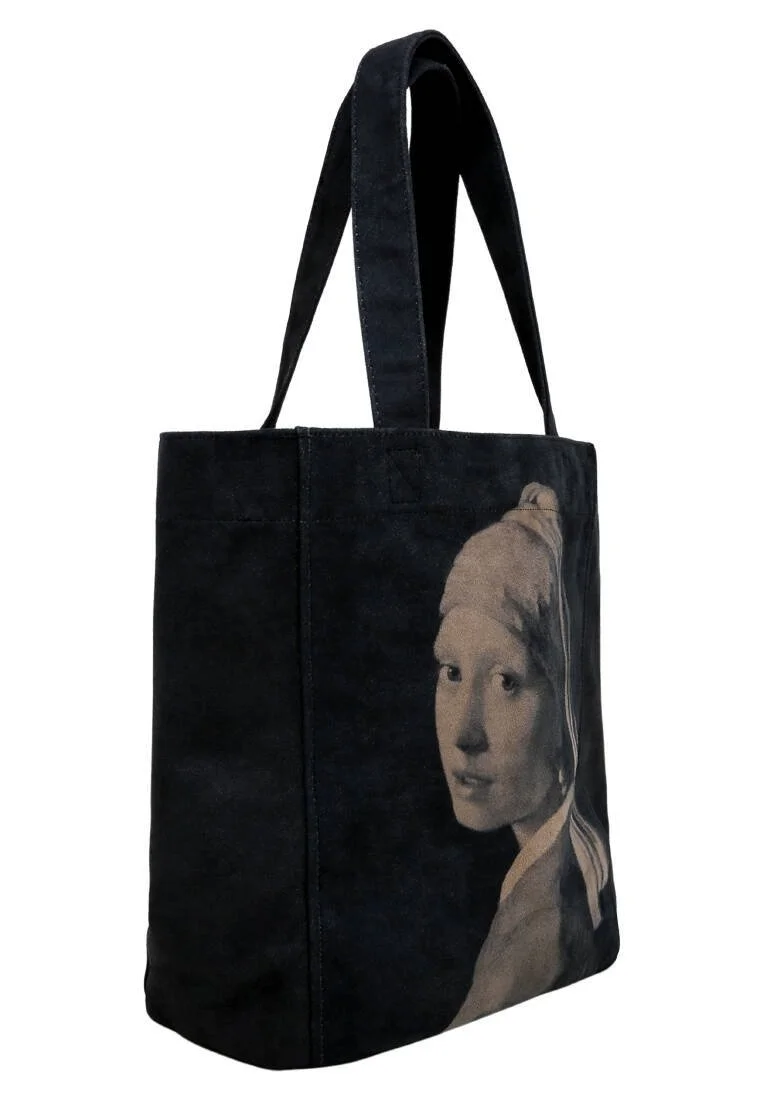 Femme Vegan Noir Large Tote Bag - Girl with a Pearl Earring Motif