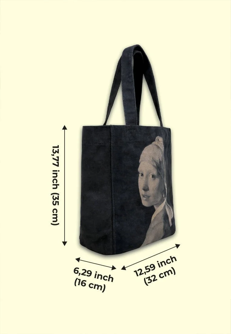 Femme Vegan Noir Large Tote Bag - Girl with a Pearl Earring Motif