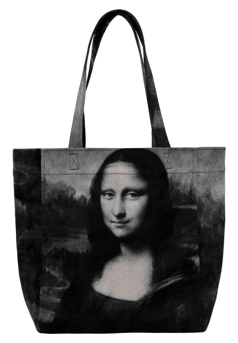 Femme Vegan Noir Large Tote Bag - Mona Lisa BW Motif