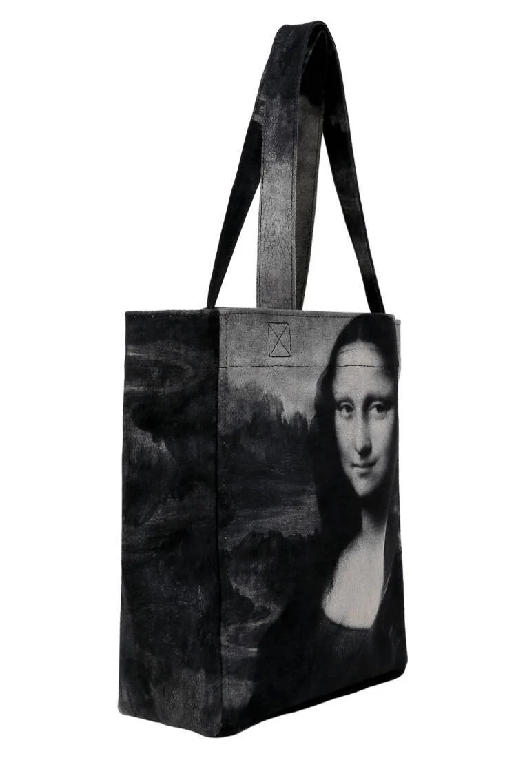 Femme Vegan Noir Large Tote Bag - Mona Lisa BW Motif