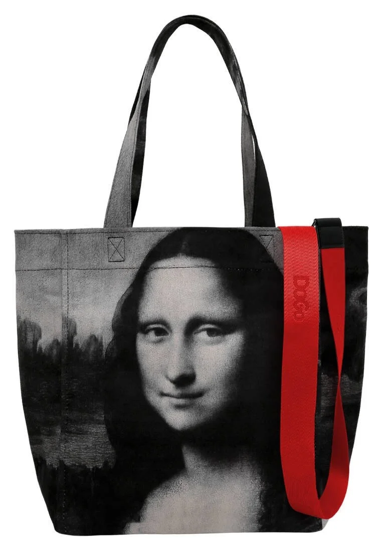 Femme Vegan Noir Large Tote Bag - Mona Lisa BW Motif