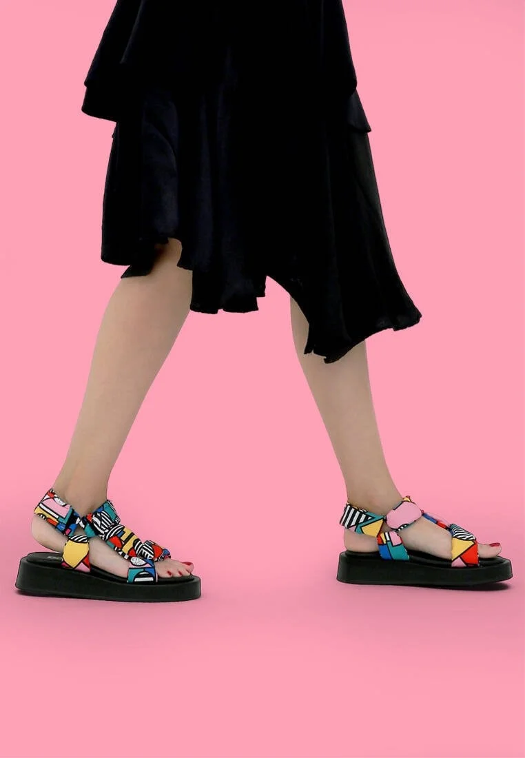 Femme Vegan Multicolore Sandales Compensées - Painting in Harmony Motif
