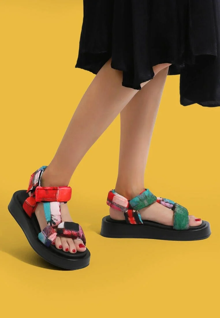 Femme Vegan Multicolore Sandales Compensées - Grass and Sea Motif