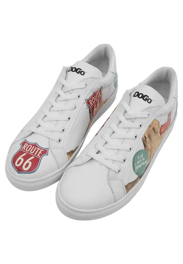 Homme Cuir Vegan Blanc Baskets - Route 66 Motif
