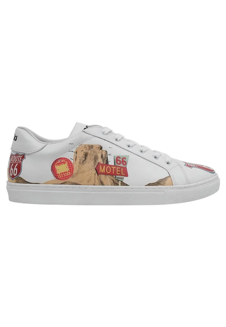 Homme Cuir Vegan Blanc Baskets - Route 66 Motif
