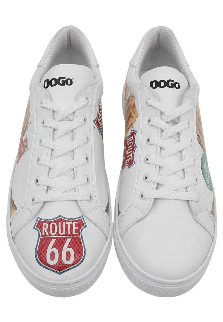 Homme Cuir Vegan Blanc Baskets - Route 66 Motif