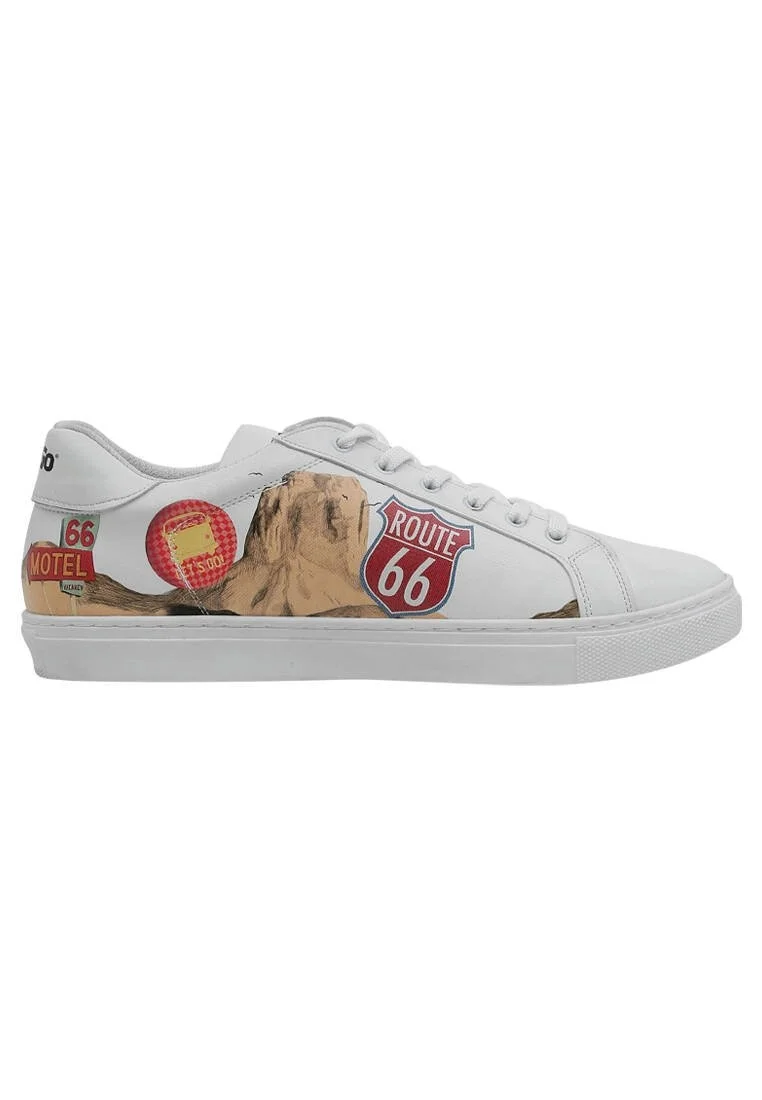 Homme Cuir Vegan Blanc Baskets - Route 66 Motif