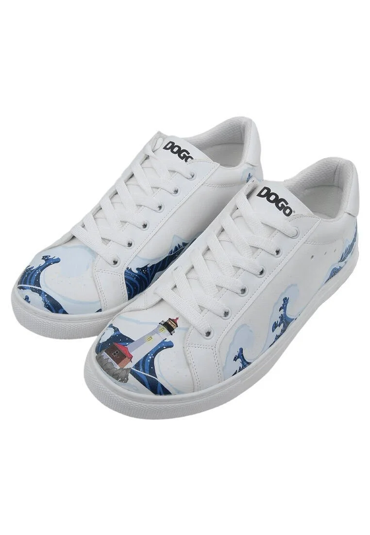 Homme Cuir Vegan Blanc Baskets - Lighthouse Motif