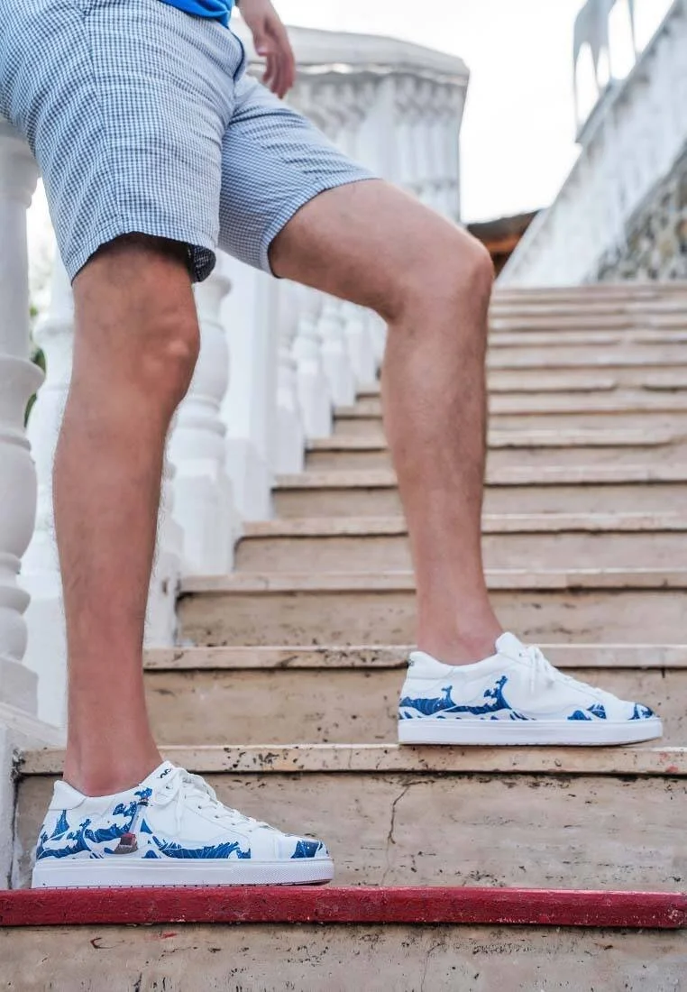 Homme Cuir Vegan Blanc Baskets - Lighthouse Motif