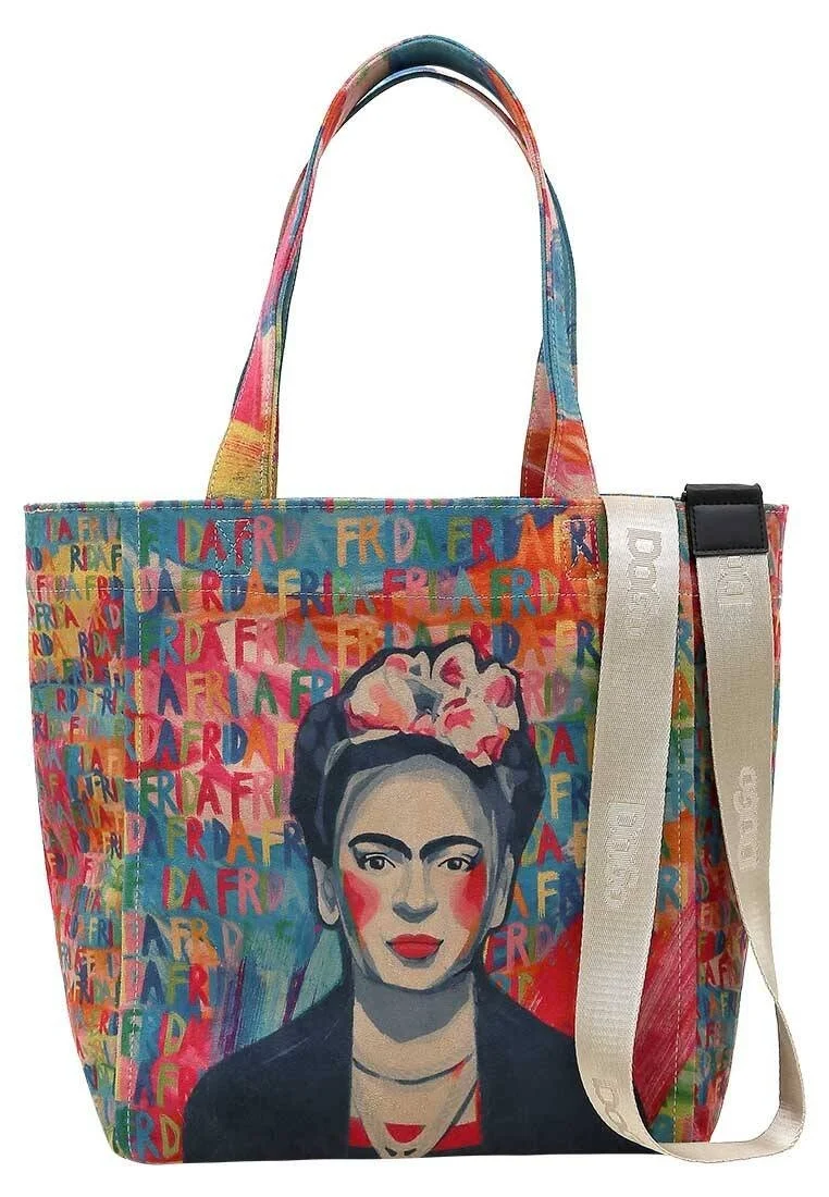 Kadın Vegan Çok Renkli Large Tote Bag - Frida Kahlo in Letters Tasarım
