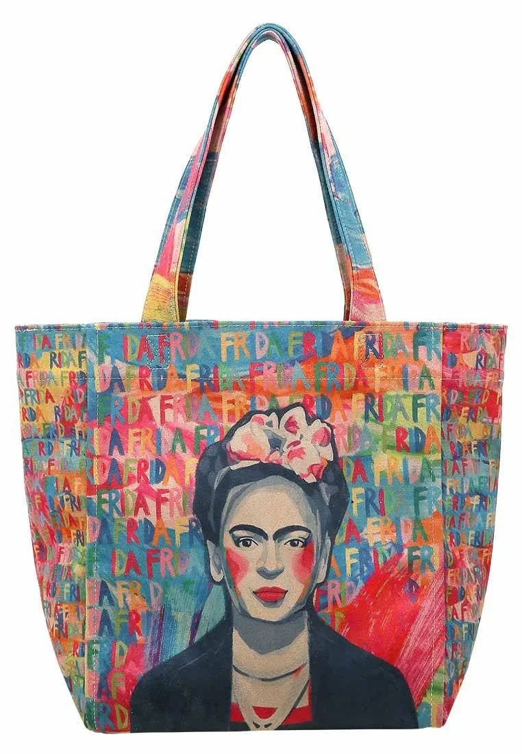 Kadın Vegan Çok Renkli Large Tote Bag - Frida Kahlo in Letters Tasarım