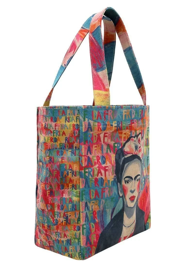 Kadın Vegan Çok Renkli Large Tote Bag - Frida Kahlo in Letters Tasarım
