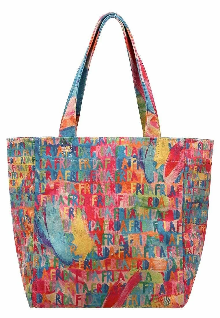 Kadın Vegan Çok Renkli Large Tote Bag - Frida Kahlo in Letters Tasarım