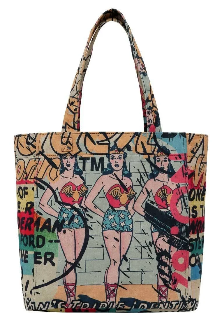Kadın Vegan Çok Renkli Large Tote Bag - Warner Bros Wonder Woman Tasarım