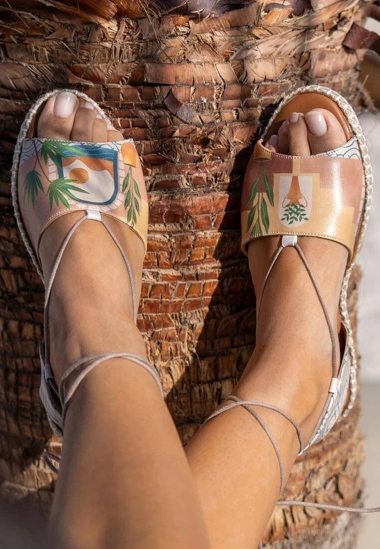 Kadın Vegan Deri Turuncu Bağcıklı Sandalet - Boho Sunset Tasarım