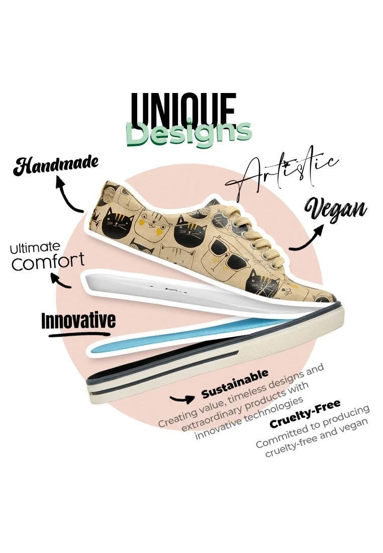 Kadın Vegan Deri Bej Sneakers - Monochrome Cats Tasarım