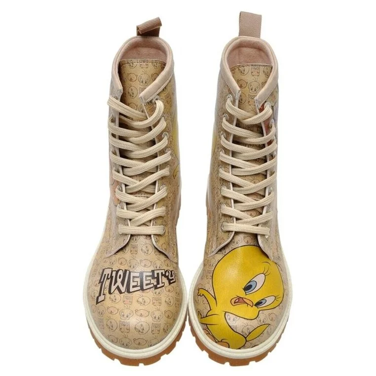 Kadın Vegan Deri Bej Uzun Bot - Warner Bros Tweety Moods Tasarım