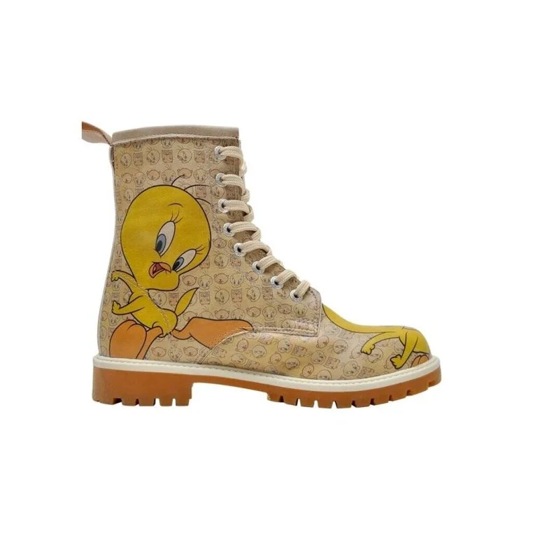 Kadın Vegan Deri Bej Uzun Bot - Warner Bros Tweety Moods Tasarım