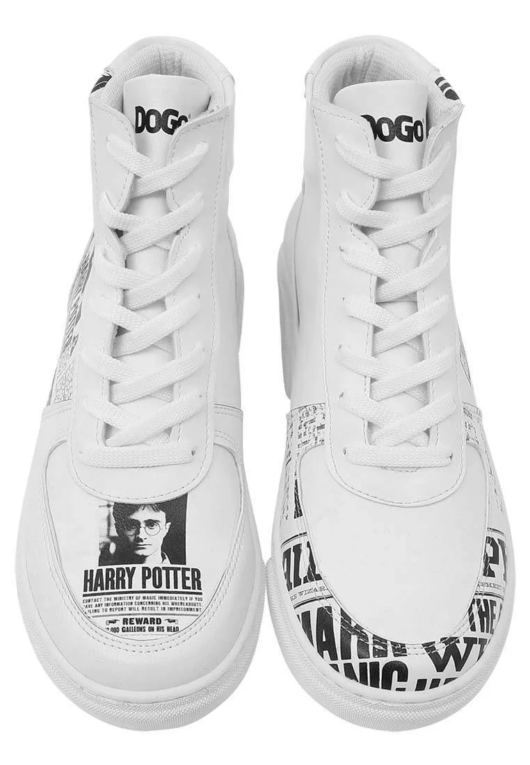 Kadın Vegan Deri Beyaz High Sneakers - Warner Bros Daily Prophet Harry Potter Tasarım