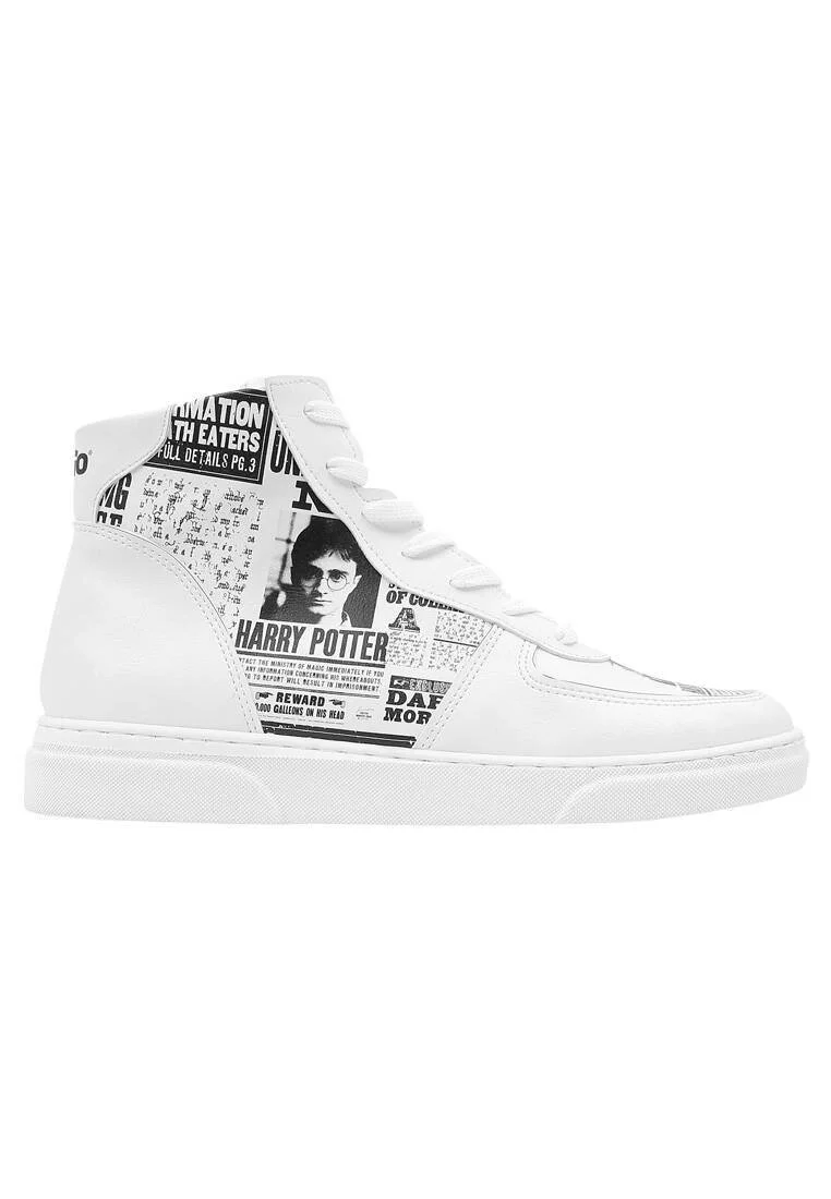 Kadın Vegan Deri Beyaz High Sneakers - Warner Bros Daily Prophet Harry Potter Tasarım