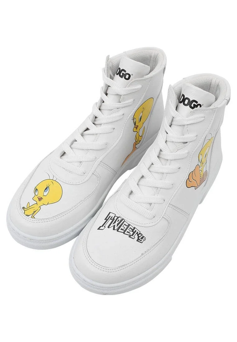 Kadın Vegan Deri Beyaz High Sneakers - Warner Bros Tweety Classic Tasarım