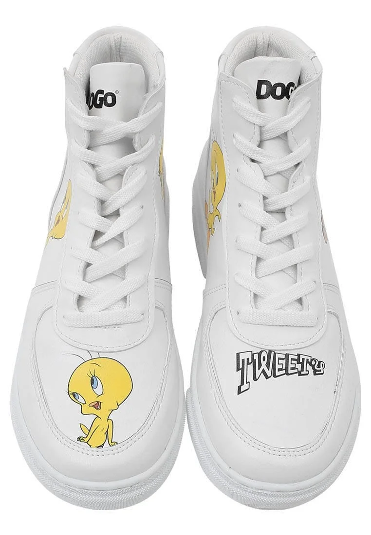 Kadın Vegan Deri Beyaz High Sneakers - Warner Bros Tweety Classic Tasarım